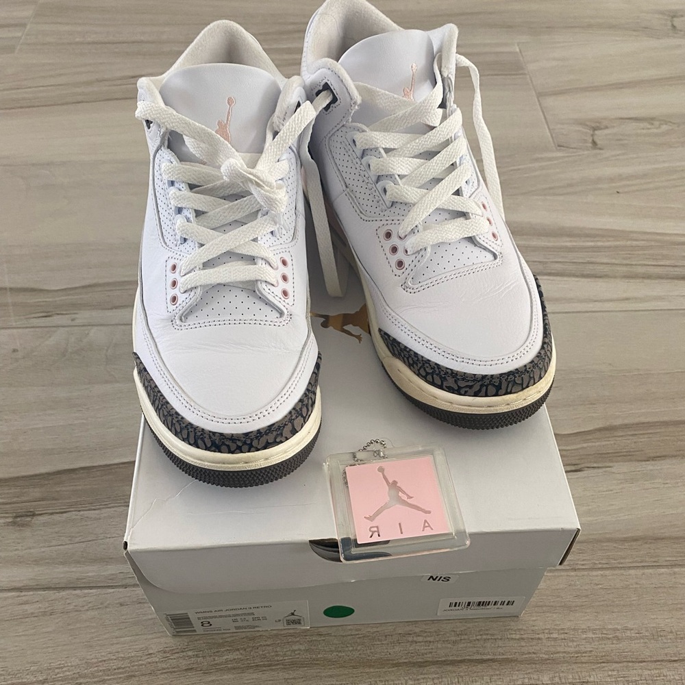 Air Jordan’s Retro 3  White and Gray Sneakers with Pink accents; Women’s Size 8